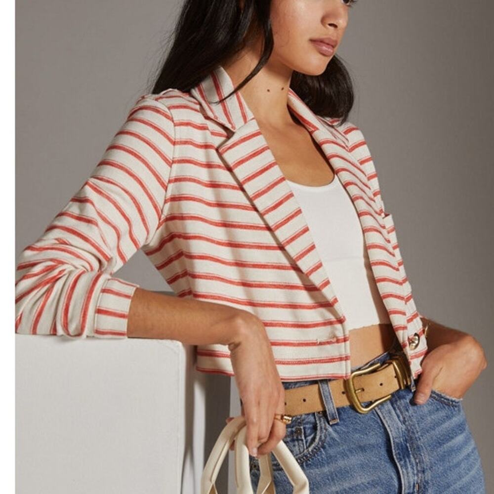 Maeve Anthropologie Cropped Terry Stripe Blazer Red Cream Cotton Women's 8